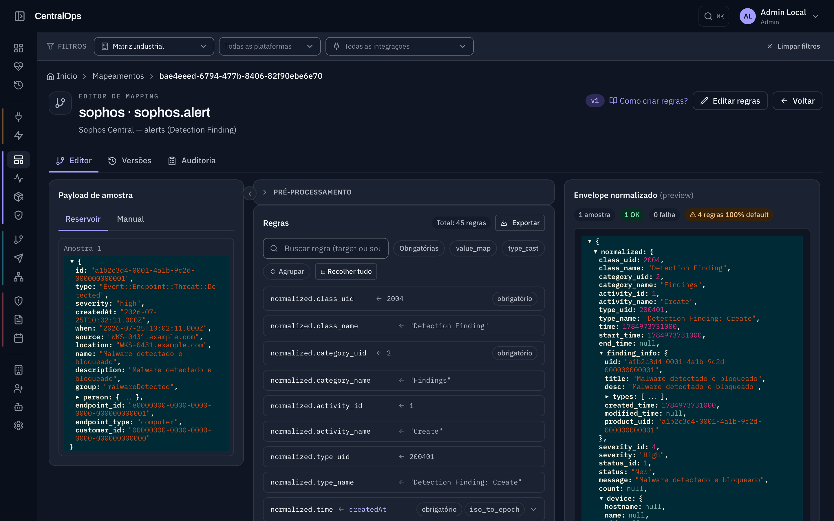 Editor de mapeamento com amostra, regras e envelope normalizado