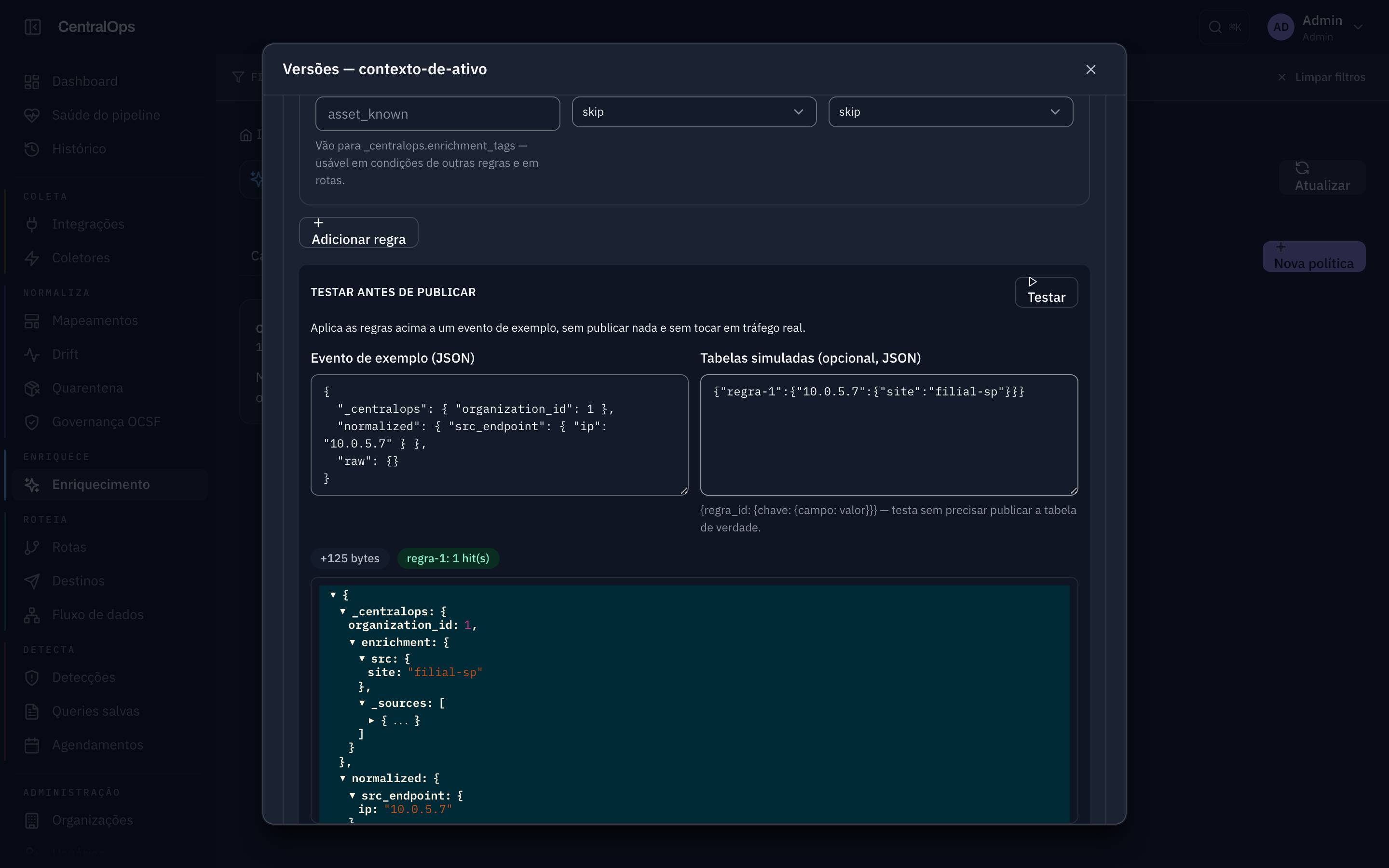 Editor de regras com resultado do dry-run
