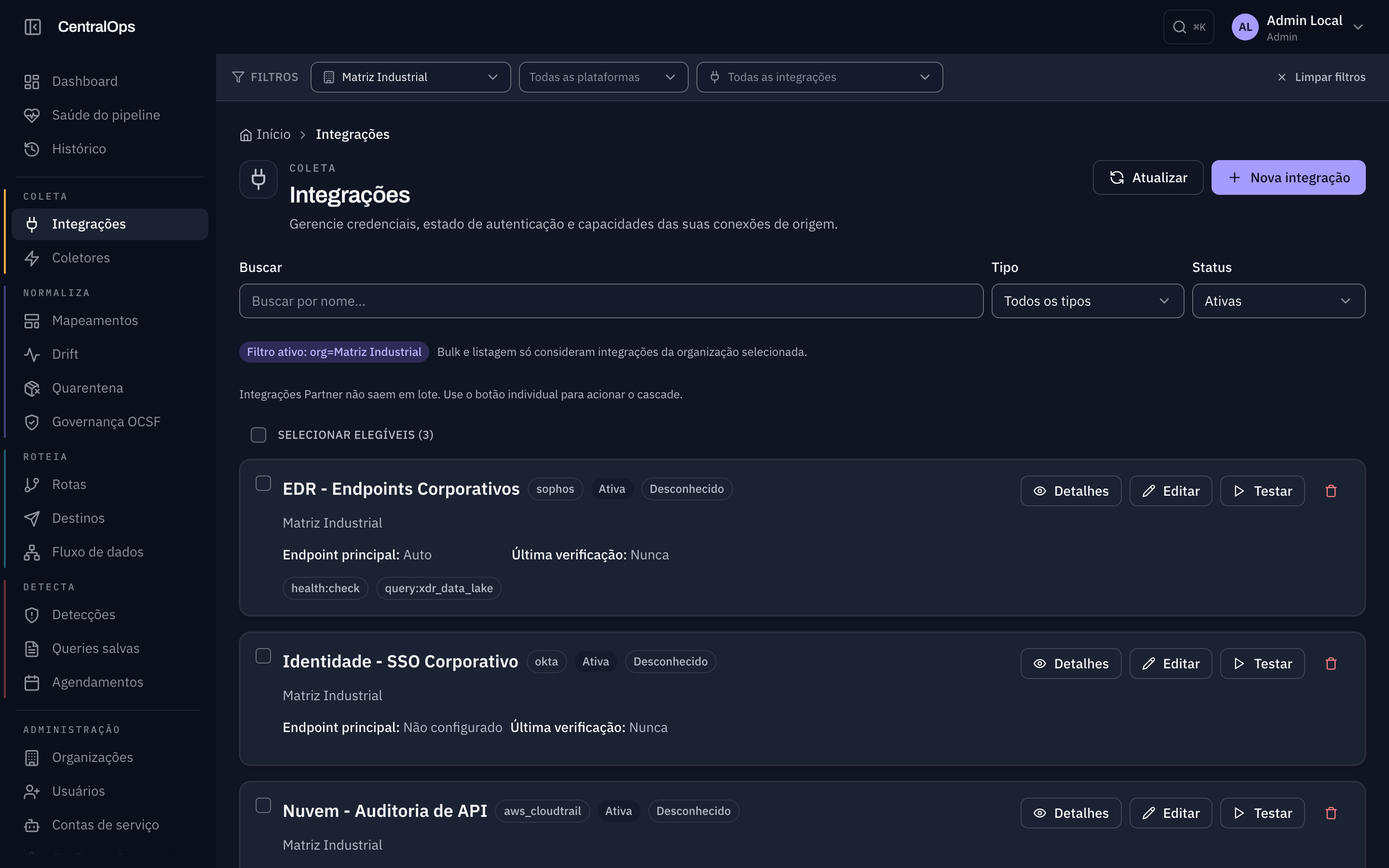Lista de integrações do CentralOps